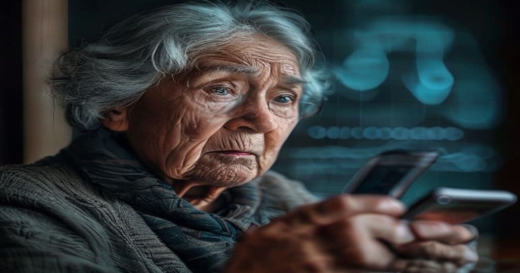 A distressed parent holding a phone with a eerie voice message playing in the background