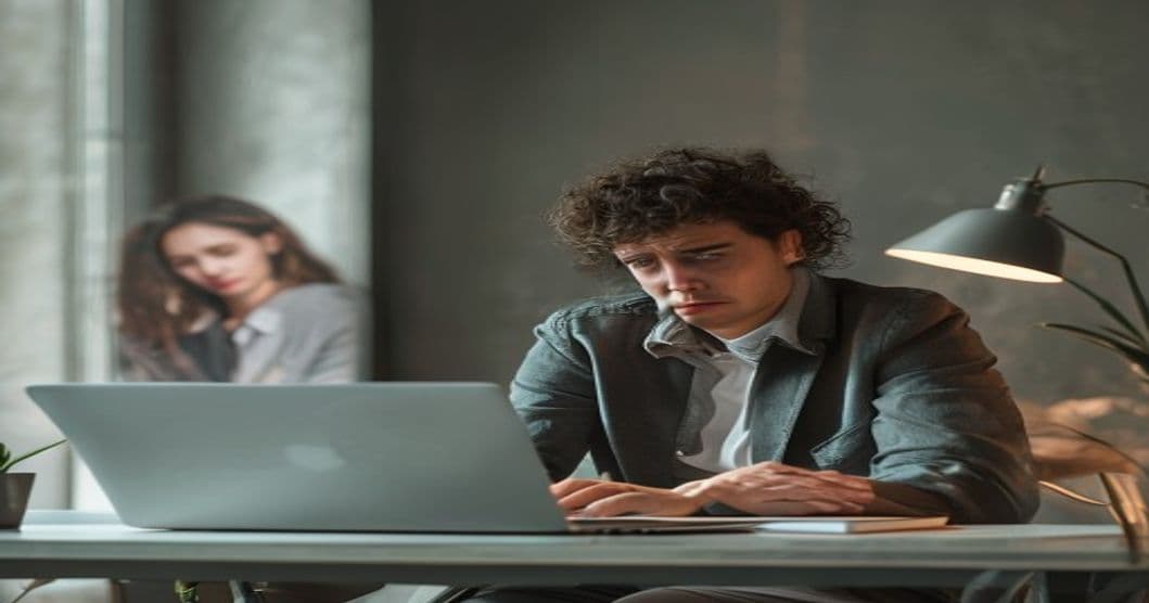 A person looking worried while using their laptop, with a romantic partner in the background