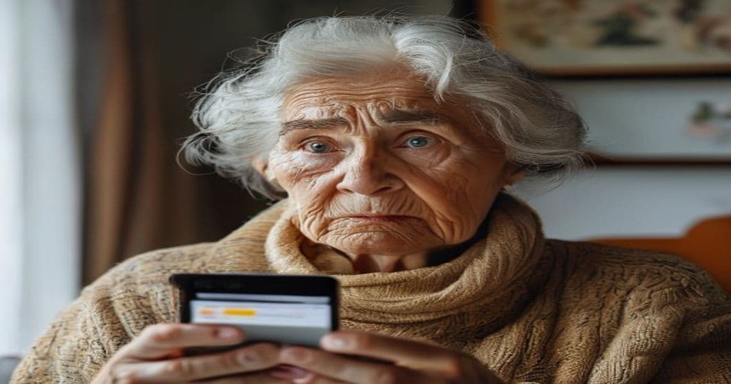 Worried senior woman holding phone showing Facebook Marketplace scam message, with warning symbols around her
