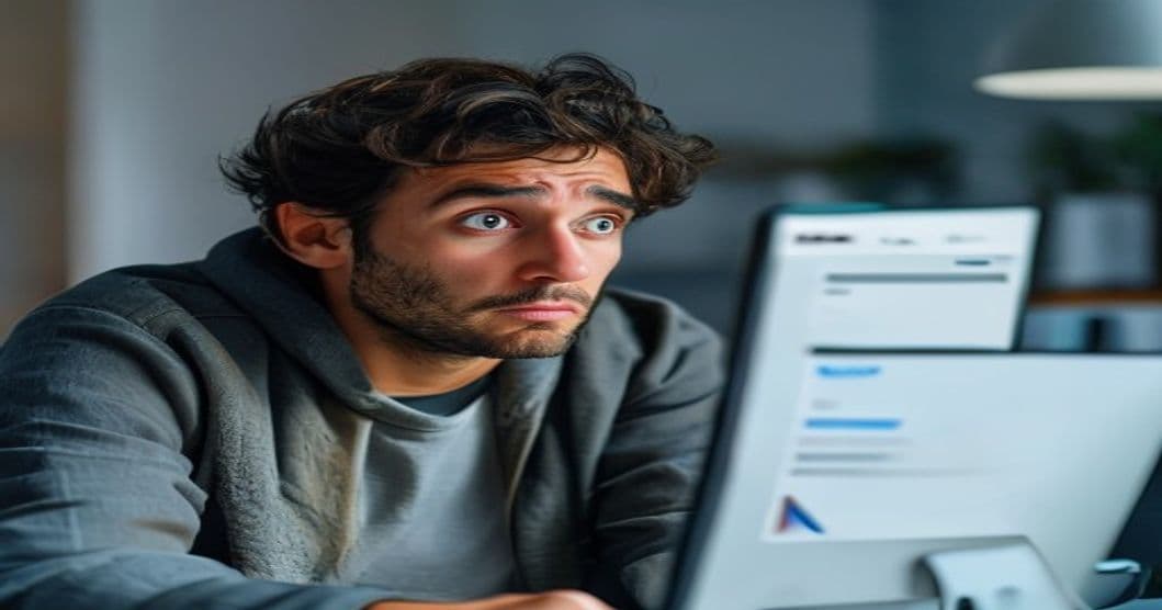 A person looking worried at their computer screen with a fake Amazon refund scam pop-up