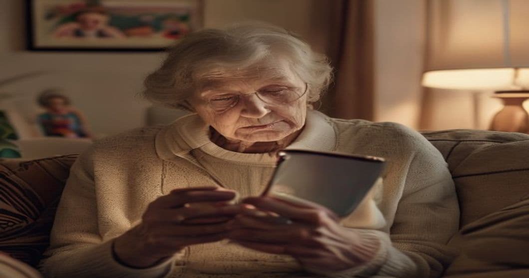 An elderly woman on the phone with a concerned look, a smartphone nearby displaying a text message