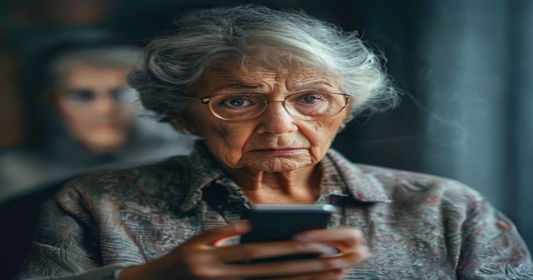 A senior citizen looking worried while holding a phone, with a scammer in the background