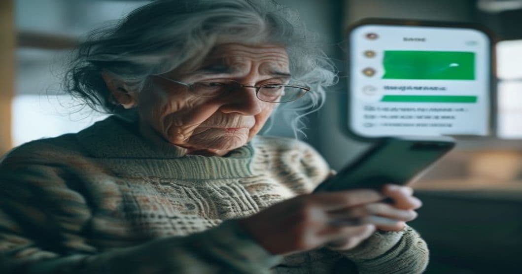 Elderly woman looking at a smartphone showing a WhatsApp conversation that says 'Hey Mum, I need help'