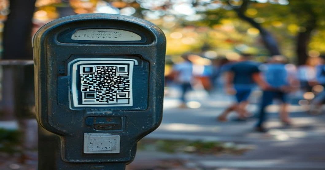A close-up of a fake QR code sticker on a parking meter surrounded by realistic-looking coins and a suspicious-looking parking area.